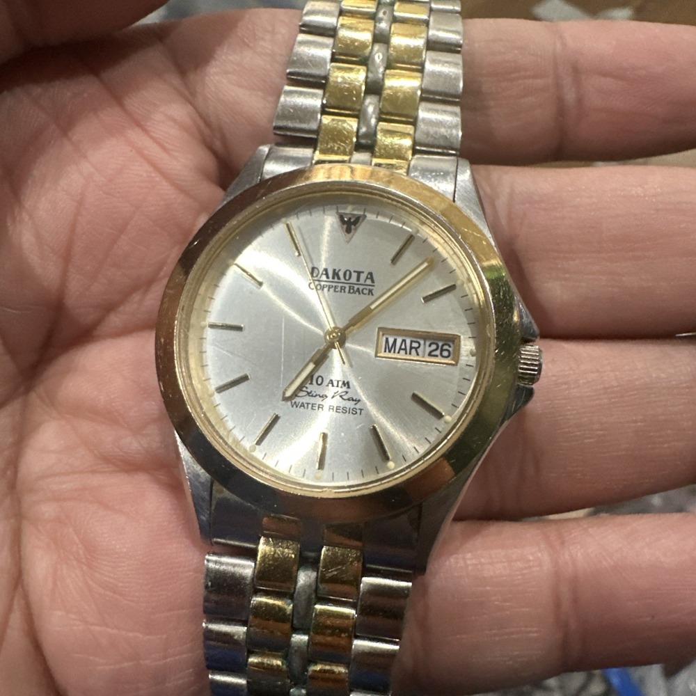 Dakota Copper Back Two Tone Mens Watch‎ 36mm Quartz  Rare For Repair Fit 7.5in